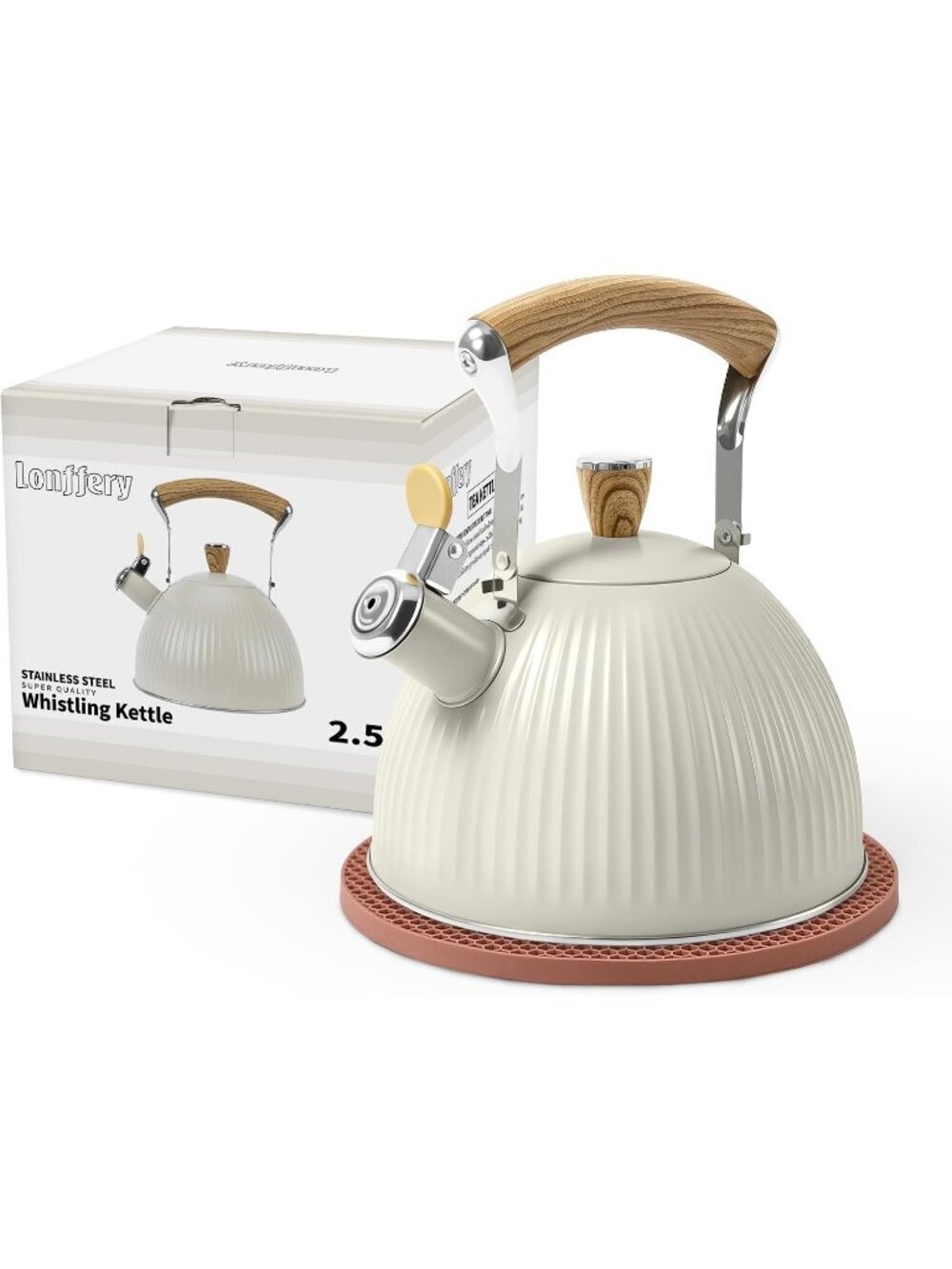 Creamy White Stainless Steel Kitchen Whistling Tea Kettles  2.5 Quart Wood